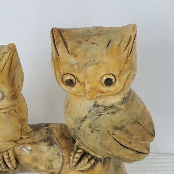 Wood Carved Owls On A Branch Vintage 10"x7" Google Eyes Statue MCM Figurine - Picture 2 of 14